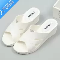 SUNTEK凉拖鞋女夏季中老年坡跟厚底高跟外穿沙滩防滑增高家居拖鞋女黑色