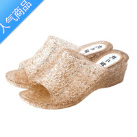 SUNTEK新水晶坡跟拖鞋女夏塑料透明妈妈凉拖鞋高跟防滑室内外穿女鞋