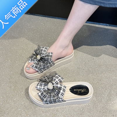 SUNTEK网红蝴蝶结高跟拖鞋女夏外穿2023新款超火防滑增高厚底高级感凉拖