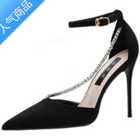 SUNTEK凉鞋女细跟一字扣2023夏季新款高跟鞋性感百搭法式少女中空单鞋潮