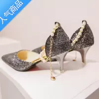 SUNTEK高跟凉鞋女2021春季新款一字串珠尖头女鞋潮细跟单鞋韩版百搭鞋子