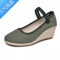 SUNTEK女春秋季坡跟单鞋棉麻高跟鞋复古民族风平底旗袍汉服鞋