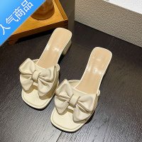 SUNTEK2023年新款红青蜒仙女风蝴蝶结高跟一字凉拖鞋女夏粗跟外穿配裙子