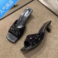 SUNTEK2023年夏季新款亮片露趾方头拖鞋一字拖鞋细跟中跟高跟外穿女凉拖