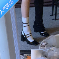 SUNTEK法式~玛丽珍鞋女2023新款方头一字带粗跟高跟鞋黑色百搭包头凉鞋