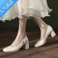 SUNTEK原创旗袍鞋高跟女复古绸缎刺绣兰花米白色礼服走秀中式妈妈鞋粗跟