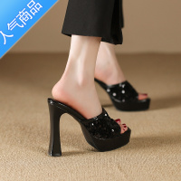 SUNTEK法式亮片高跟鞋女2023夏新款防水台复古方头粗跟露趾外穿拖鞋