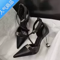 SUNTEK高跟凉鞋女2023春季新款性感尖头细跟黑色欧美金属扣气质浅口单鞋