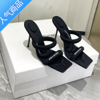 SUNTEK2023年夏季网红新款aw高跟凉鞋女外穿黑色方头露趾一字带细跟凉拖