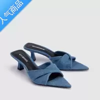 SUNTEKR高跟鞋女春夏外穿尖头拖鞋小猫跟中跟凉鞋露趾时尚牛仔布凉拖鞋
