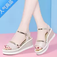 SUNTEK2023年新款一字扣带仙女风坡跟凉鞋夏季百搭妈妈鞋厚底高跟鞋
