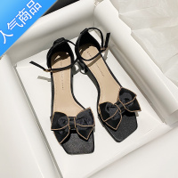 SUNTEK一字扣带罗马凉鞋女夏季外穿粗跟方头2023年露趾法式蝴蝶结高跟鞋