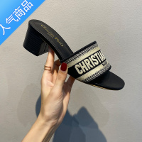 SUNTEK2023新款百搭时尚粗跟一字拖d家拖鞋女外穿刺绣字母凉拖高跟鞋女