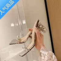 SUNTEKpvc透明水晶高跟鞋性感露趾水钻凉鞋粗跟方头洋气仙女凉拖鞋外穿