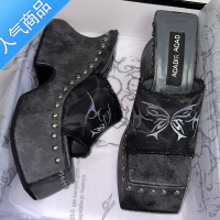 SUNTEK拖鞋女2023夏季新款千禧辣妹厚底鞋复古百搭增高刺绣高跟凉拖