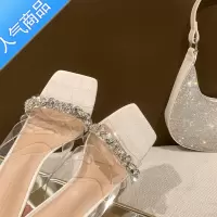SUNTEK方头一字带水钻高跟鞋女2022年夏季新款粗跟透明水晶跟凉鞋一脚蹬