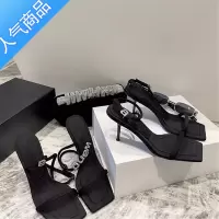 SUNTEK大王一字带细跟凉鞋女后交叉水钻字母性感露趾方头高跟鞋女