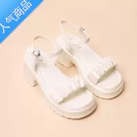 SUNTEK厚底凉鞋女2023夏季新款百搭白色小码33粗跟一字带罗马高跟鞋