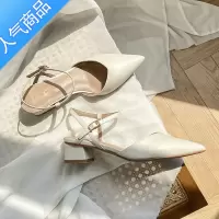 SUNTEK尖头半包头凉鞋女夏粗跟高跟鞋中跟单鞋仙女风一字扣2023夏季新款