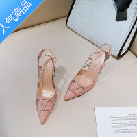 SUNTEKV家裸色高跟鞋女2023年夏季新款细跟尖头一字带绝美法式包头凉鞋