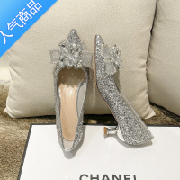 SUNTEK法式水晶亮片银色高跟鞋女2023年新款蝴蝶结新娘婚纱婚鞋低跟3M