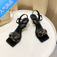 SUNTEK2023夏新款一字带方头水钻高跟凉鞋女仙女风时尚舒适酒杯细跟女鞋