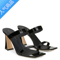 SUNTEK2023年夏新款高跟鞋一字带百搭简约粗跟方头银色透明凉鞋女半拖鞋