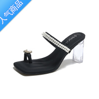 SUNTEK7cm外穿时尚套趾凉拖鞋女2023新款夏粗跟方头高跟鞋踩屎感一字拖