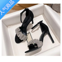 SUNTEK高跟鞋女2023年新款夏季细跟黑色网红设计感水钻白色一字带凉鞋子