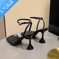 SUNTEK粗跟高跟凉鞋2023新款夏季时尚方头鞋酒杯跟aw黑色一字带高跟鞋女