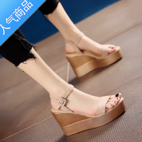 SUNTEK绒面坡跟凉鞋女2023新款夏季防水台高跟鞋名媛仙女风厚底百搭鞋子