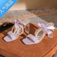 SUNTEK仙女风凉鞋女2023年夏季新款水晶粗跟珍珠蝴蝶结法式配裙子高跟鞋