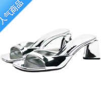 SUNTEK夏季新款女鞋银色镀金属层粗跟高跟凉鞋方跟露趾小众时装凉拖鞋