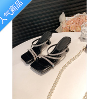 SUNTEK羊皮版~银色水钻凉鞋女夏季外穿一字带两穿凉拖法式性感高跟拖鞋