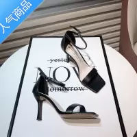 SUNTEK欧美2023新款简约性感方头一字扣带细跟露趾凉鞋女法式高跟职业鞋