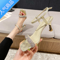 SUNTEK水钻一字扣带露趾凉鞋女2023年春夏新款气质高跟鞋细跟方头女范