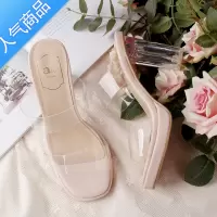 SUNTEKins潮2023夏季新款水晶跟高跟网红拖鞋一字带中跟粗跟透明凉鞋女