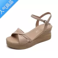 SUNTEK坡跟凉鞋女2023夏季高跟鞋休闲百搭厚底松糕鞋一字扣带罗马鞋