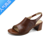 SUNTEK法式复古圆头露趾粗跟凉鞋女一字带5cm高跟鞋夏季舒适休闲罗马鞋