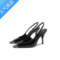 SUNTEK女鞋漆皮朴彩英rose同款高跟鞋23夏季黑色金属头凉鞋女