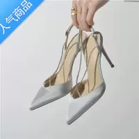 SUNTEK春夏新款包头绑带凉鞋超高跟细跟女尖头水钻链条鞋银色细带高跟鞋