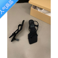 SUNTEK小众法式一字带高跟凉鞋女鞋子2023年新款夏季气质黑色细跟罗马鞋