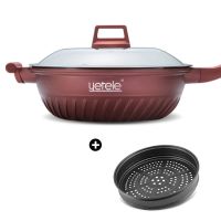 麦饭石不粘锅电磁炉燃气无涂层炒菜家用平底不粘炒锅|酒红色炒锅+麦饭石蒸屉 32cm炒锅全套带盖送铲子