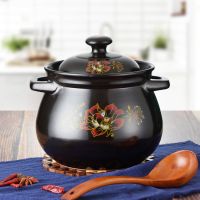 厨房用品砂锅炖锅家用燃气陶瓷煲汤锅沙锅大容量炖汤煲粥煲石锅煲|黑色红花黑盖5.7L 均码