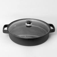铸铁平底锅烙饼锅煎锅炖锅加厚双耳炒锅家用生煎包锅无涂层不粘|玻璃盖送木铲+手套+锅垫 31厘米(适用3-5人)