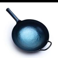 纯手工锤打老式铁锅炒菜锅家用炒锅无涂层不沾锅|32圆底带耳一体手柄宗师鱼鳞已开锅
