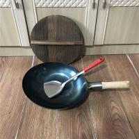 炒锅铁锅手工锻打无涂层炒锅煤气灶圆底不粘锅家用炒菜锅|单锅赠[不锈钢锅铲]+木制锅盖 38铁把圆底1.5厚约2.0公斤