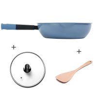 麦饭石炒锅不粘锅煎锅无油烟炒菜锅平底锅煎锅奶锅|蓝色28厘米带盖款(麦饭石)