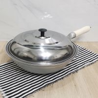 加厚铝炒锅老式家用炒菜锅纯手工铸造商用专用不粘锅木柄把手炒勺|加不锈钢盖 木把炒勺32公分2.6斤