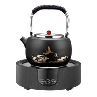 电磁炉平底壶304不锈钢家用提梁烧水壶 功夫茶具电陶炉煮茶器套装|飞鹤吉祥壶+胡桃木纹炉1000W